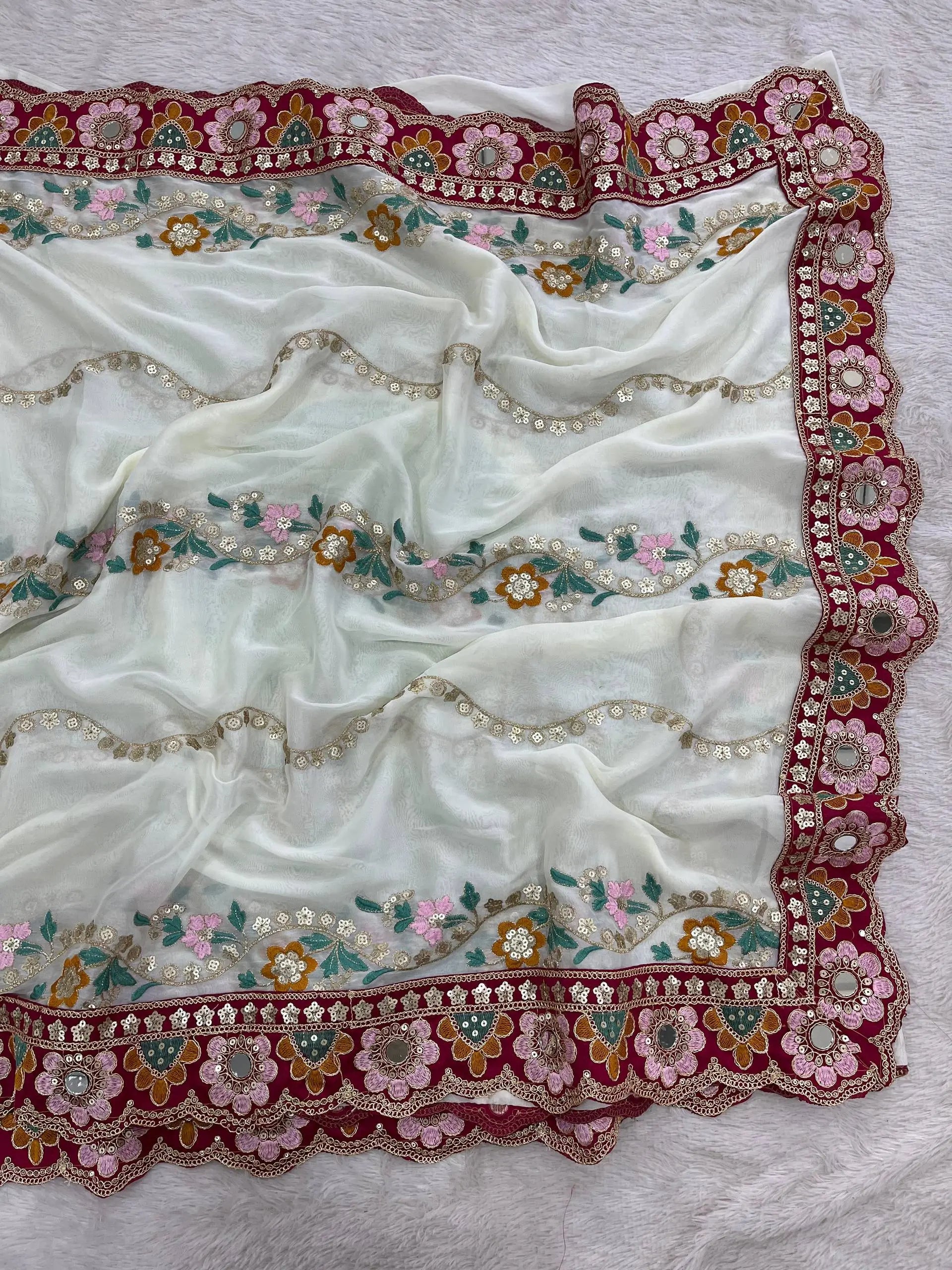 Embroidered Rangoli Silk Saree with Mirror Work Blouse for Wedding and Festive Wear