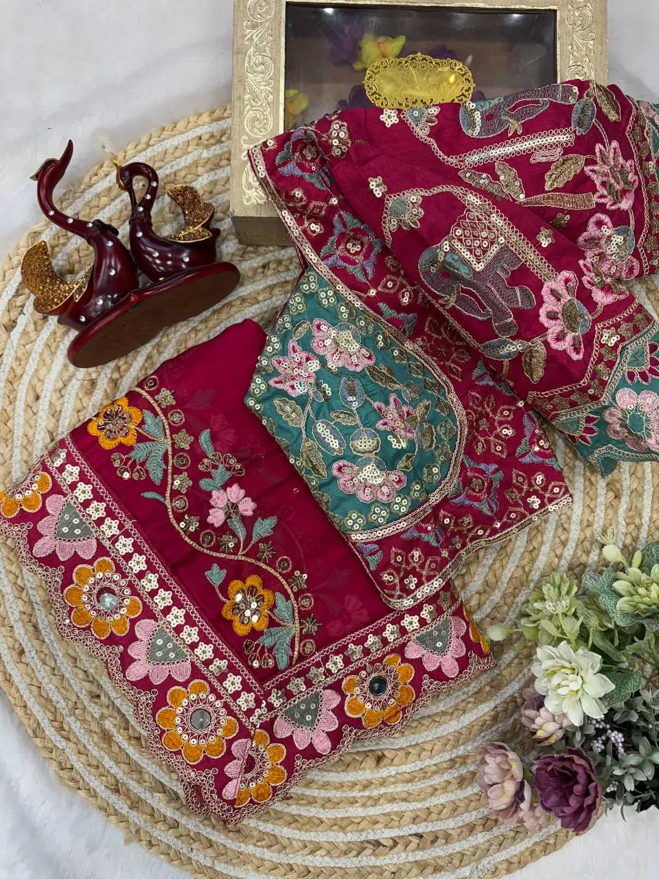 Embroidered Rangoli Silk Saree with Mirror Work Blouse for Wedding and Festive Wear