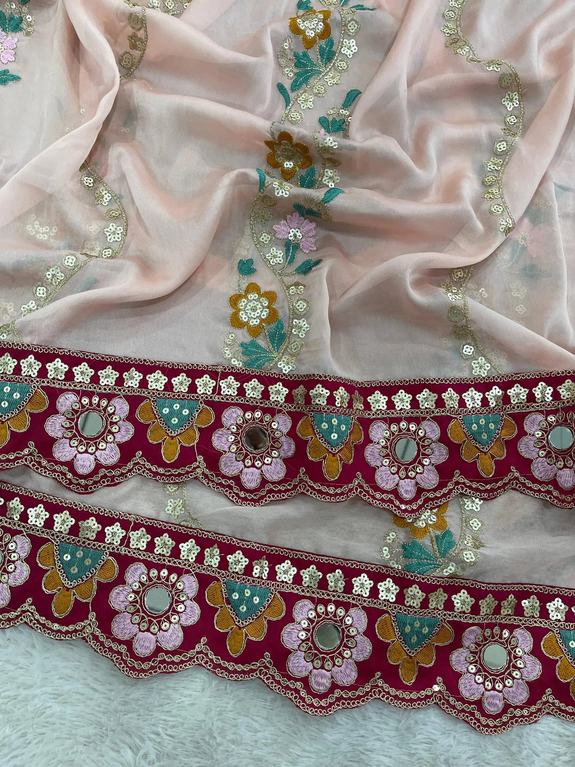 Embroidered Rangoli Silk Saree with Mirror Work Blouse for Wedding and Festive Wear