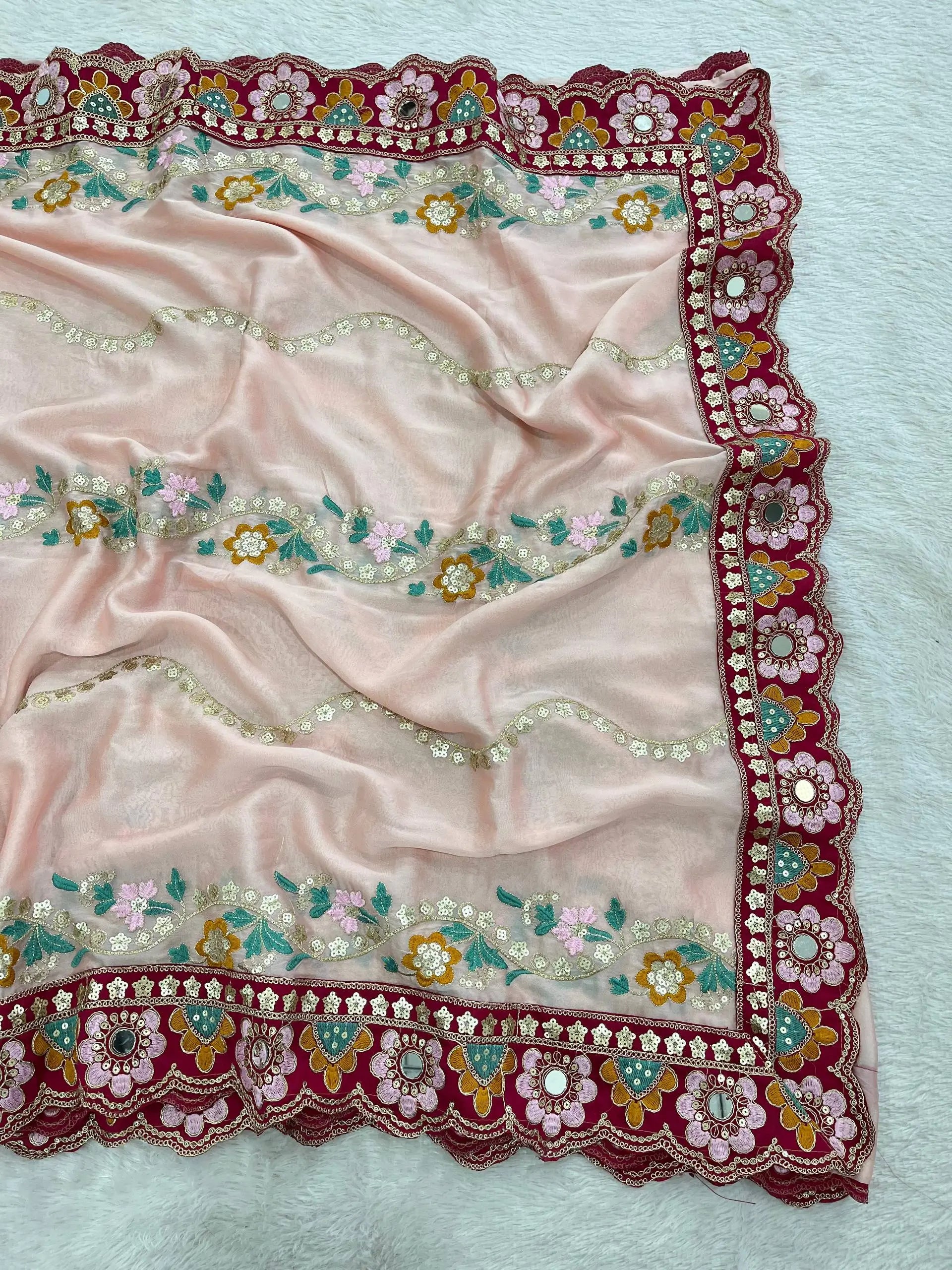 Embroidered Rangoli Silk Saree with Mirror Work Blouse for Wedding and Festive Wear