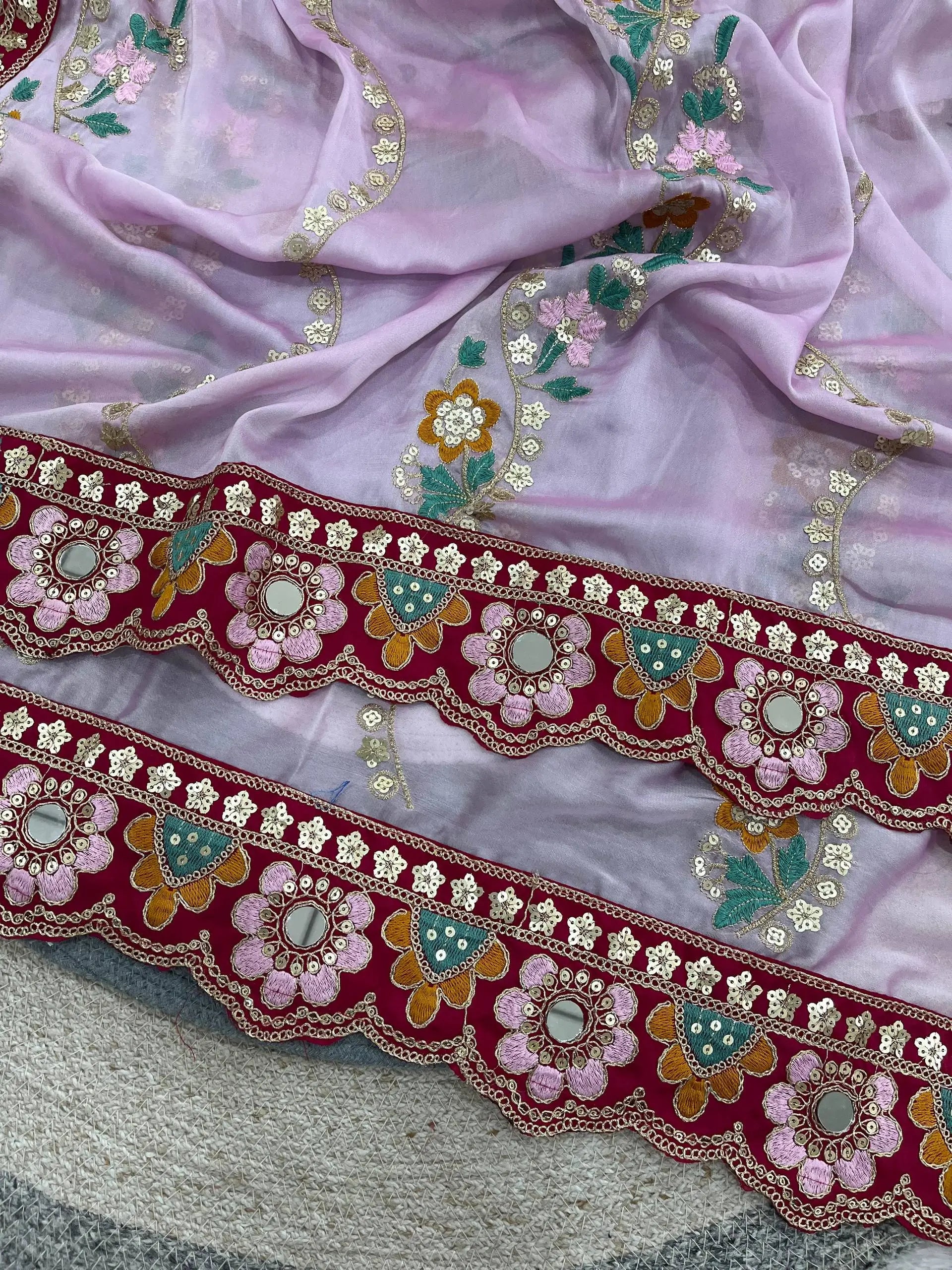 Embroidered Rangoli Silk Saree with Mirror Work Blouse for Wedding and Festive Wear