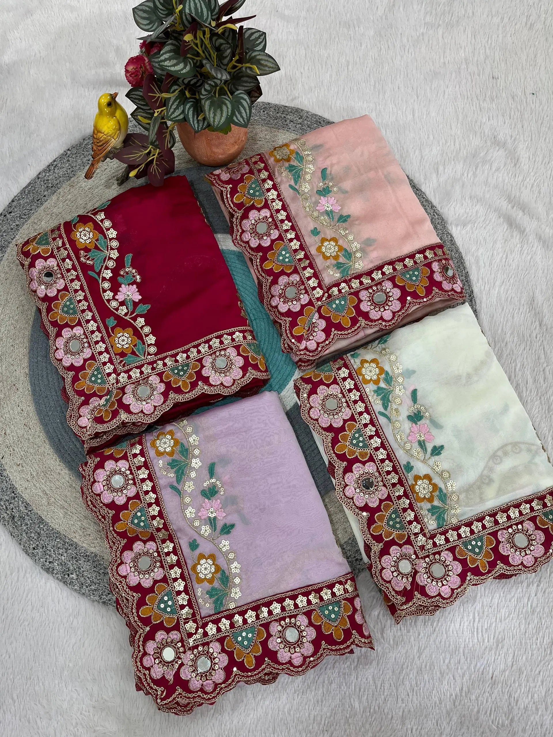Embroidered Rangoli Silk Saree with Mirror Work Blouse for Wedding and Festive Wear