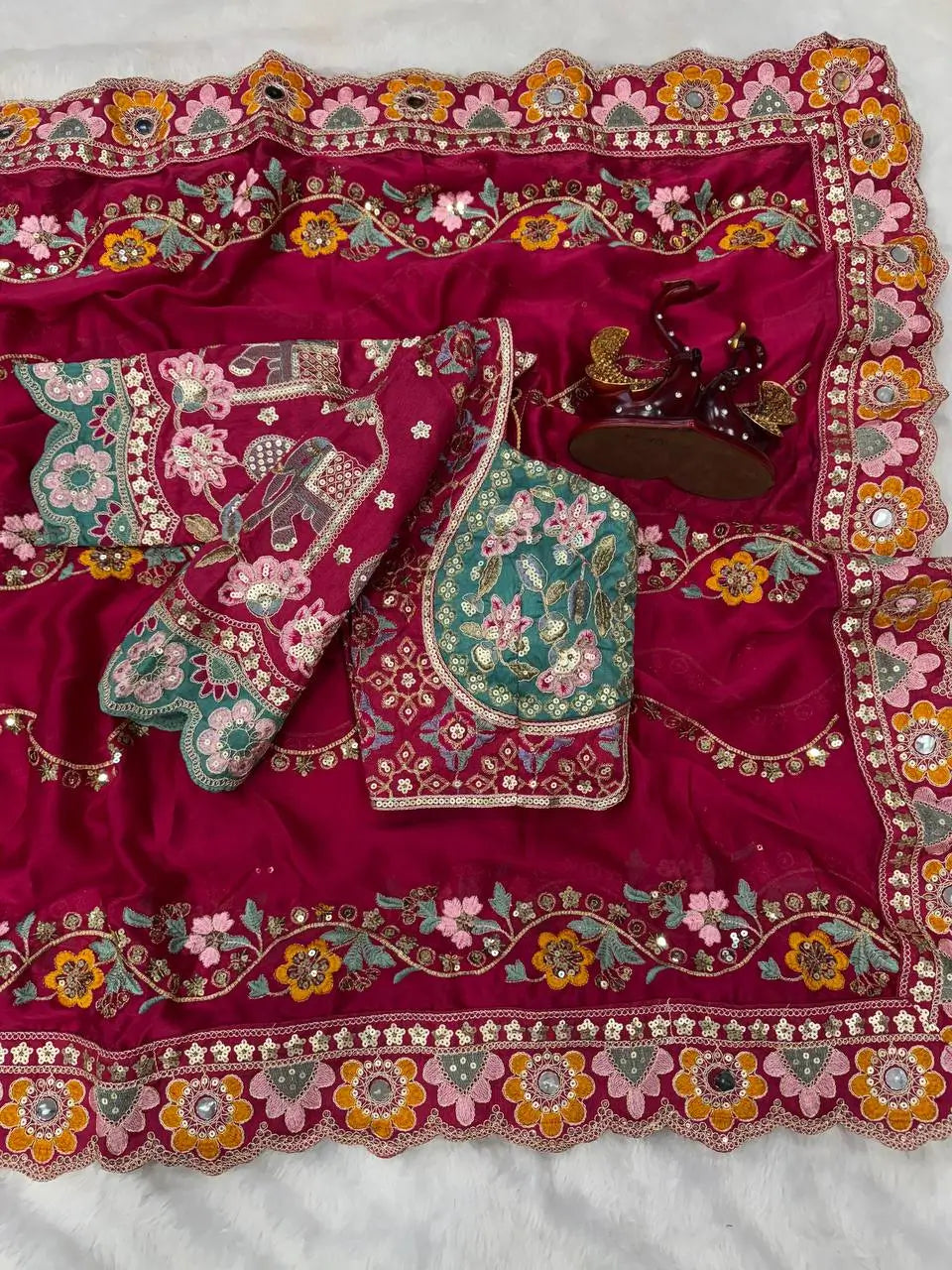 Embroidered Rangoli Silk Saree with Mirror Work Blouse for Wedding and Festive Wear