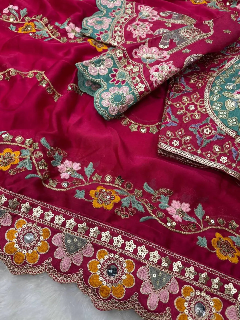 Embroidered Rangoli Silk Saree with Mirror Work Blouse for Wedding and Festive Wear