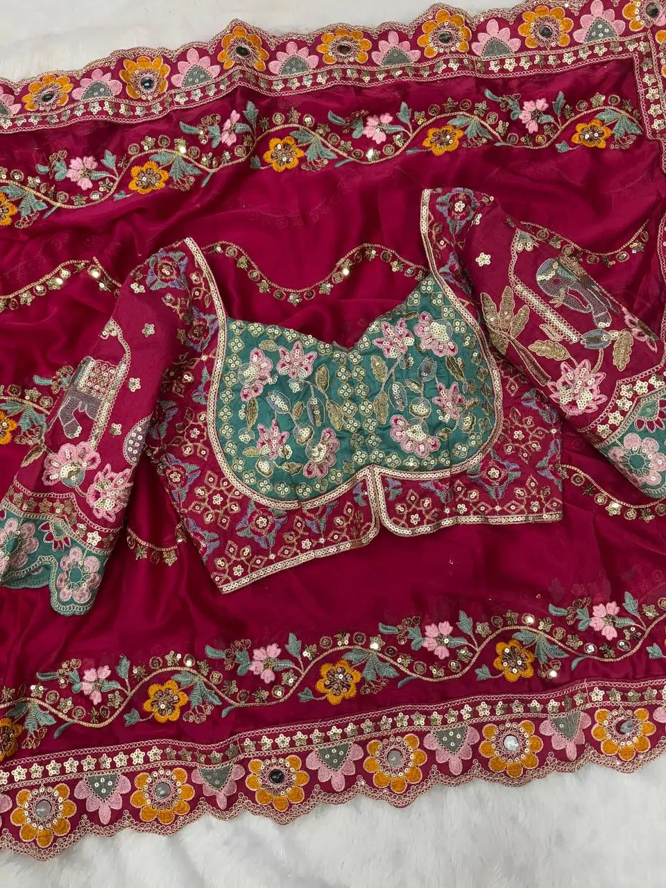 Embroidered Rangoli Silk Saree with Mirror Work Blouse for Wedding and Festive Wear