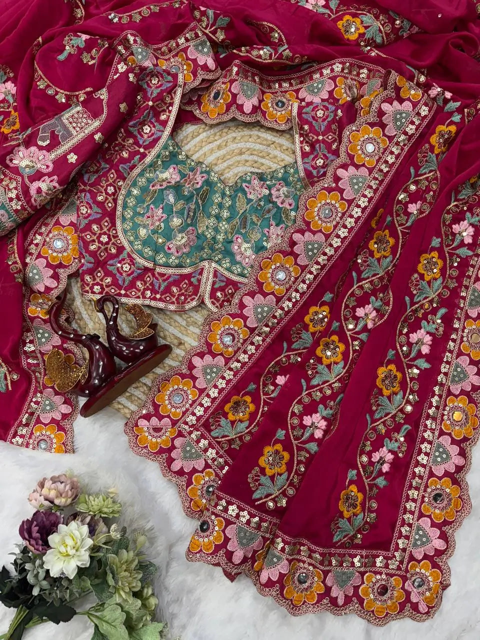 Embroidered Rangoli Silk Saree with Mirror Work Blouse for Wedding and Festive Wear