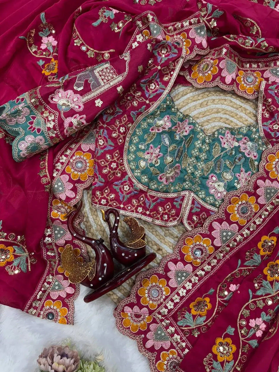 Embroidered Rangoli Silk Saree with Mirror Work Blouse for Wedding and Festive Wear