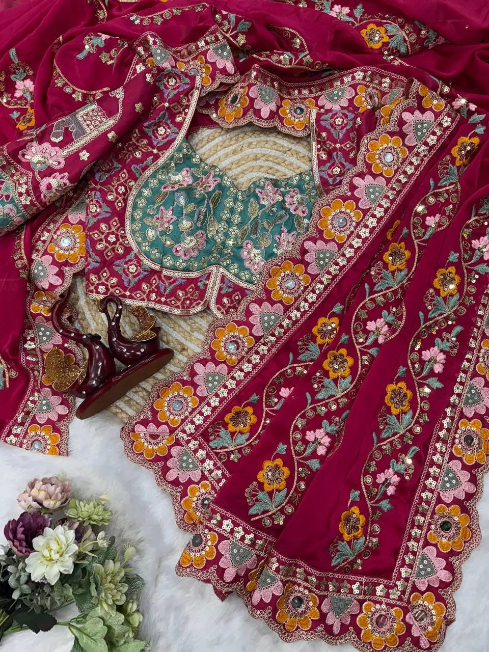 Embroidered Rangoli Silk Saree with Mirror Work Blouse for Wedding and Festive Wear