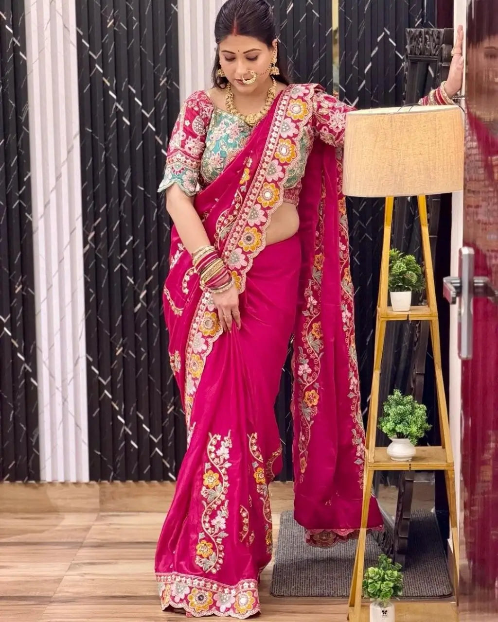 Embroidered Rangoli Silk Saree with Mirror Work Blouse for Wedding and Festive Wear