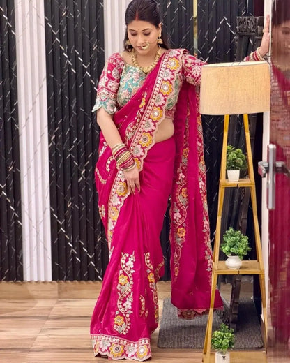 Embroidered Rangoli Silk Saree with Mirror Work Blouse for Wedding and Festive Wear