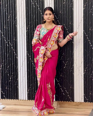 Embroidered Rangoli Silk Saree with Mirror Work Blouse for Wedding and Festive Wear