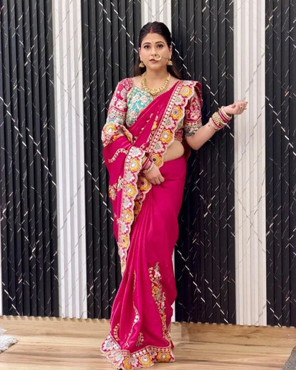 Embroidered Rangoli Silk Saree with Mirror Work Blouse for Wedding and Festive Wear