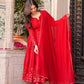 Embroidered Red Georgette Anarkali Gown Set with Dupatta