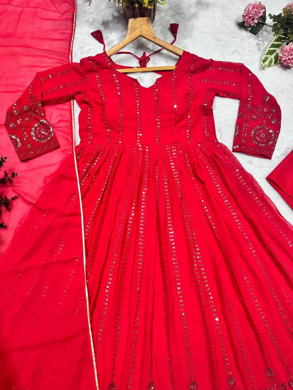 Embroidered Red Georgette Anarkali Gown Set with Dupatta