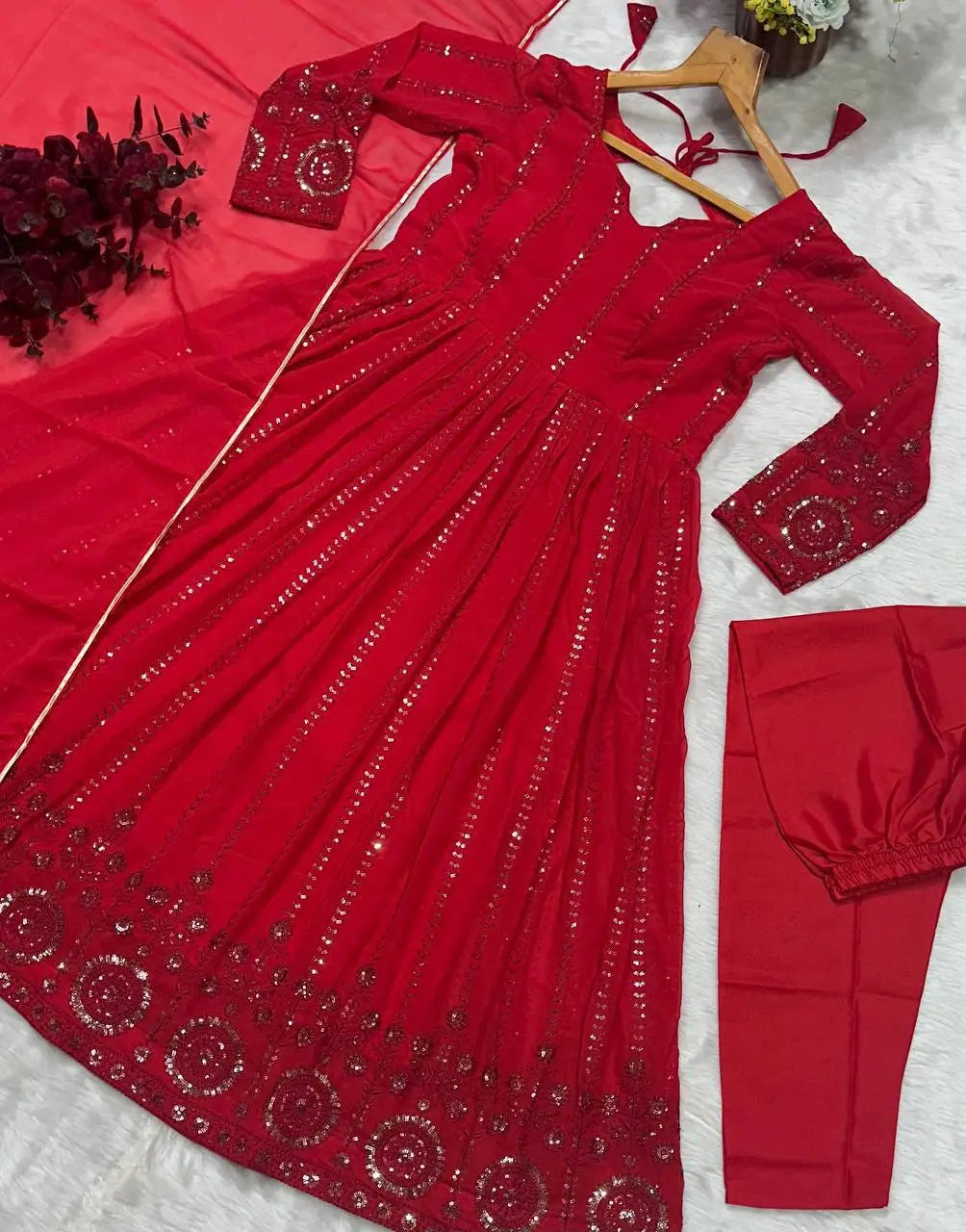 Embroidered Red Georgette Anarkali Gown Set with Dupatta