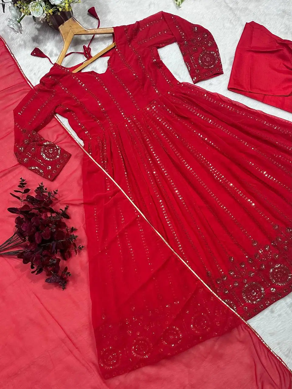 Embroidered Red Georgette Anarkali Gown Set with Dupatta