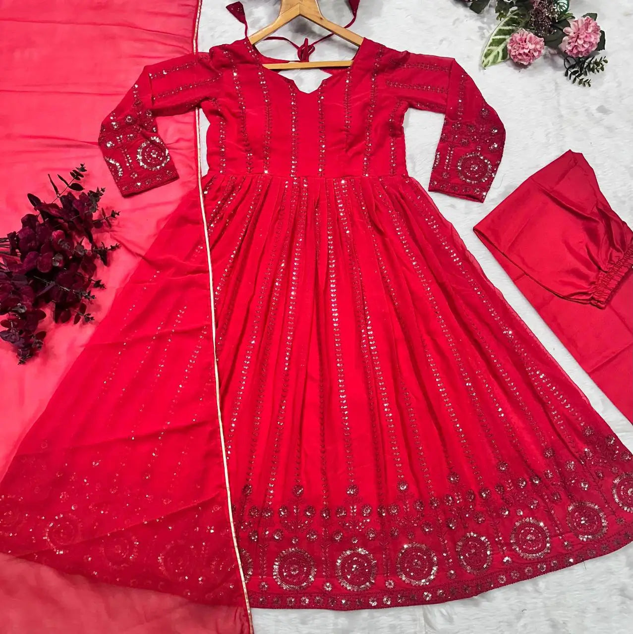 Embroidered Red Georgette Anarkali Gown Set with Dupatta