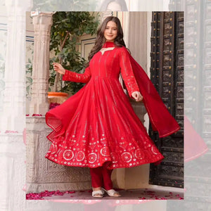 Embroidered Red Georgette Anarkali Gown Set with Dupatta