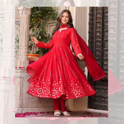 Embroidered Red Georgette Anarkali Gown Set with Dupatta