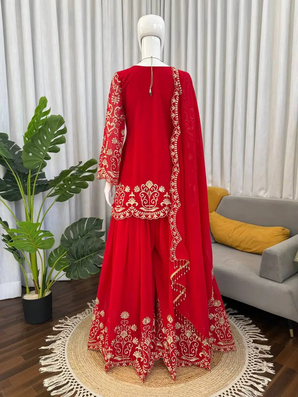 Embroidered Red Georgette Sharara Suit for Festive and Wedding Occasions