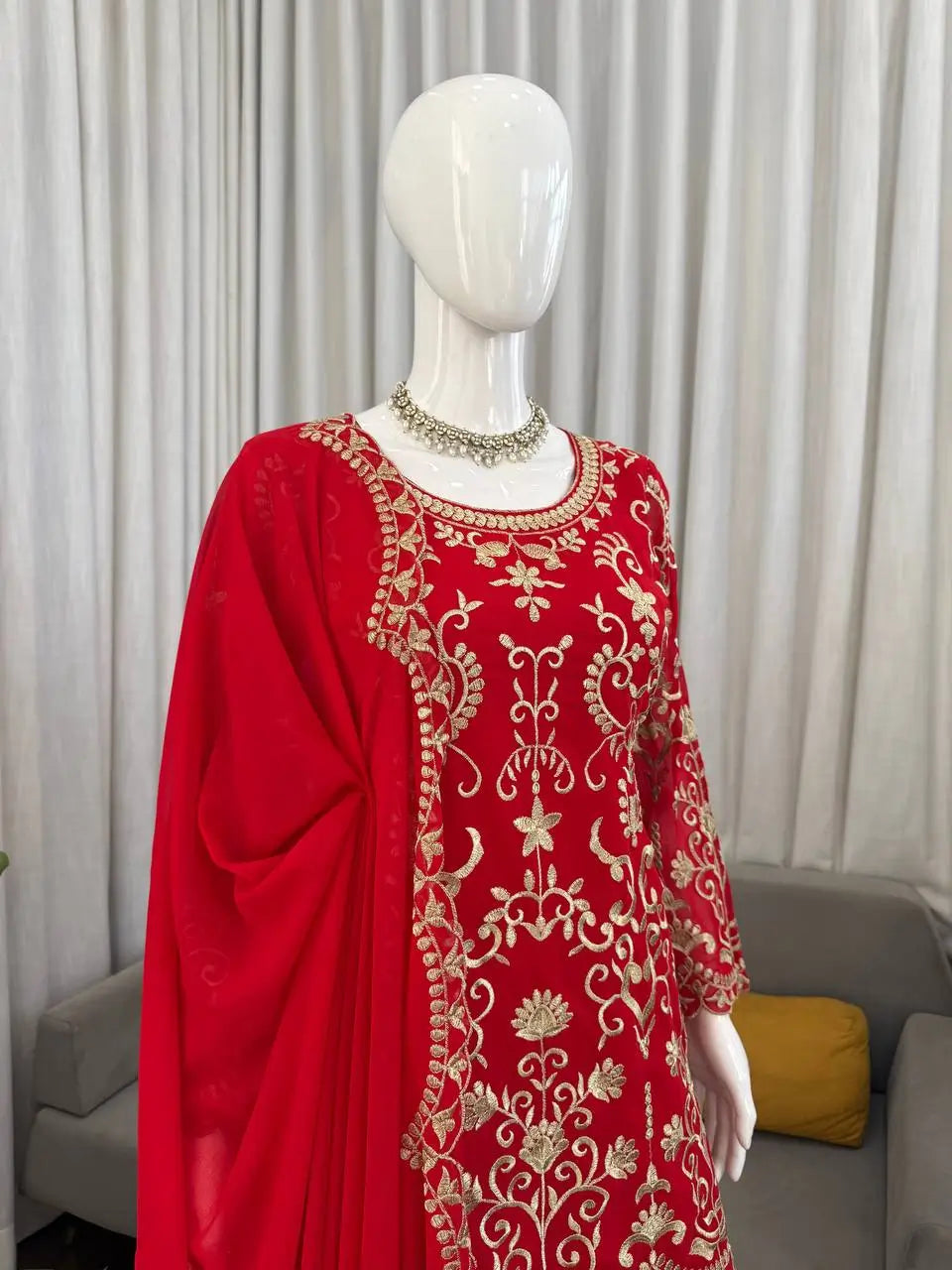 Embroidered Red Georgette Sharara Suit for Festive and Wedding Occasions
