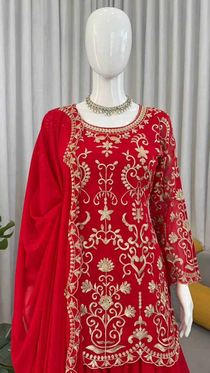 Embroidered Red Georgette Sharara Suit for Festive and Wedding Occasions