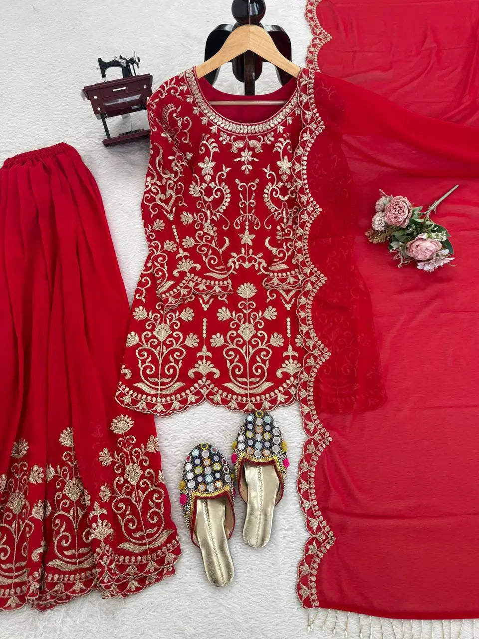 Embroidered Red Georgette Sharara Suit for Festive and Wedding Occasions
