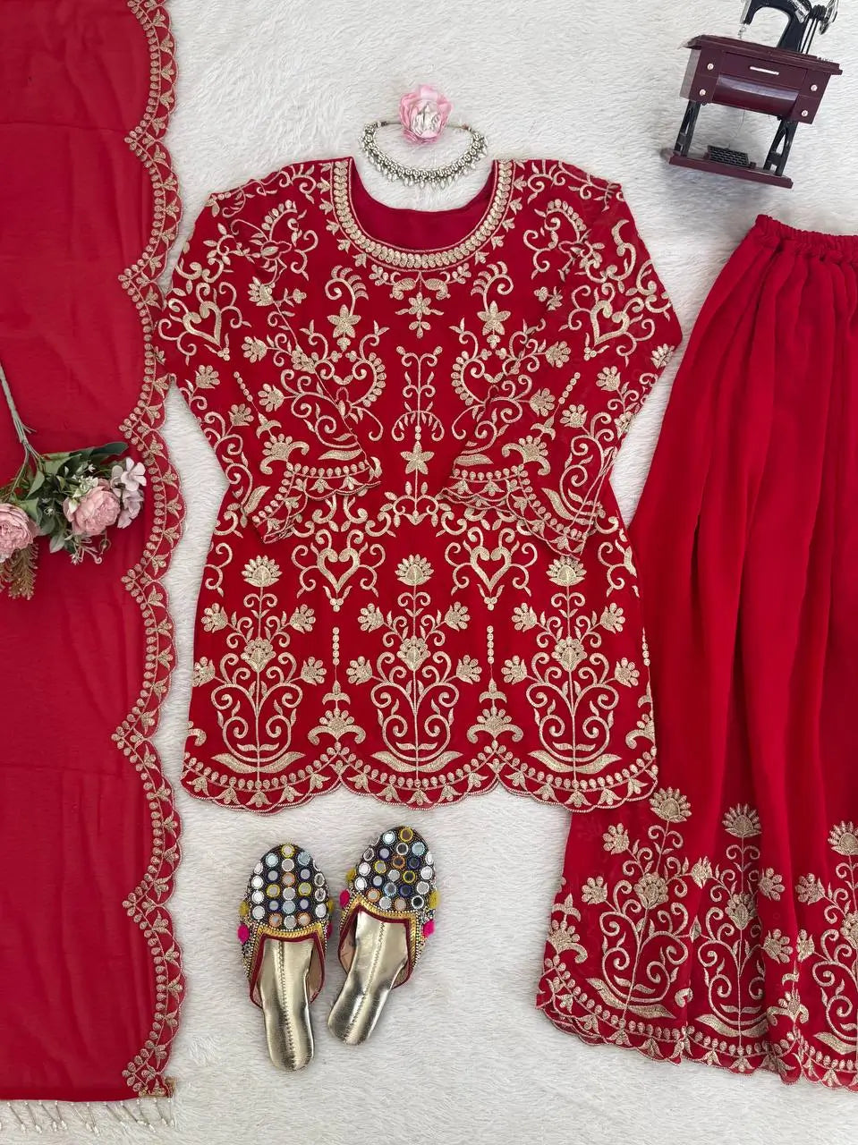 Embroidered Red Georgette Sharara Suit for Festive and Wedding Occasions