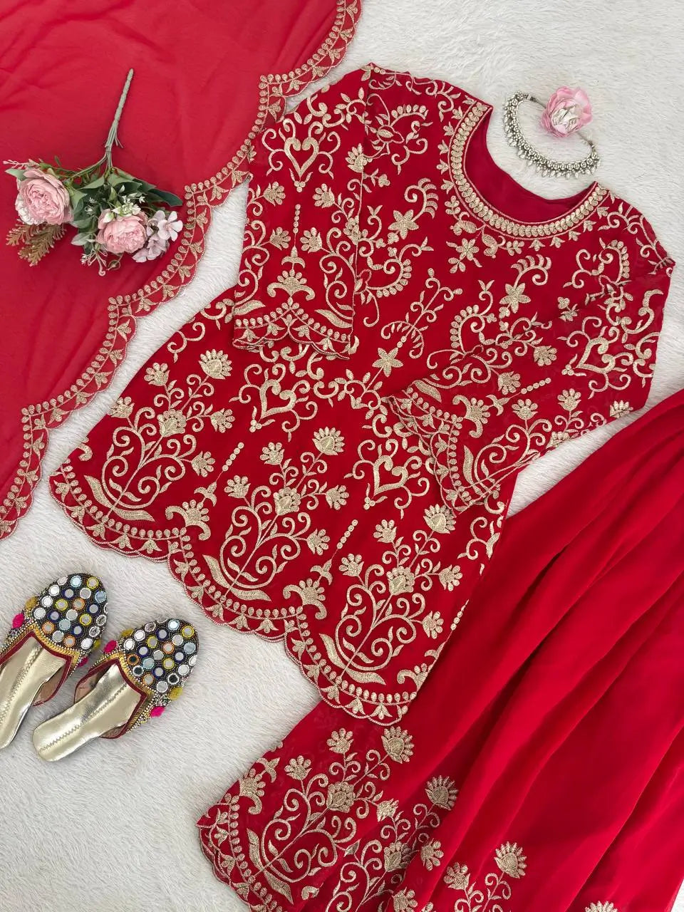 Embroidered Red Georgette Sharara Suit for Festive and Wedding Occasions