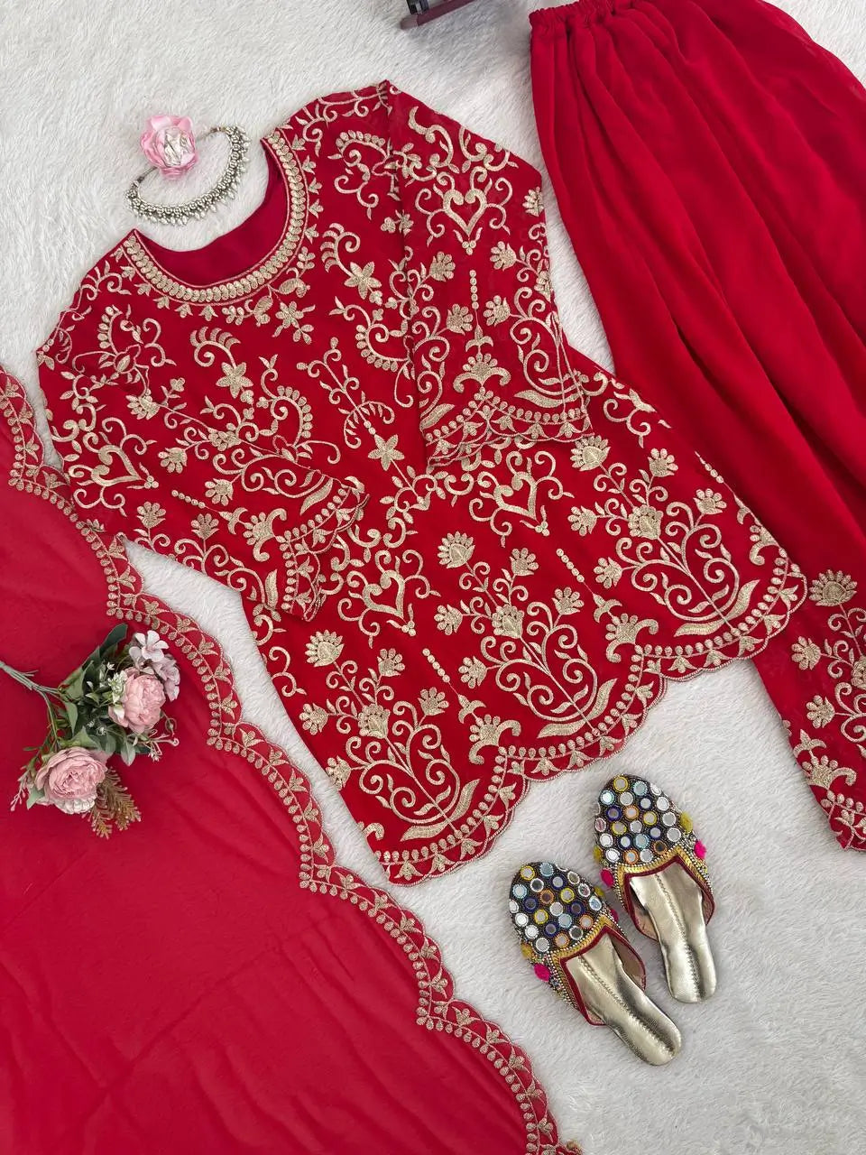 Embroidered Red Georgette Sharara Suit for Festive and Wedding Occasions