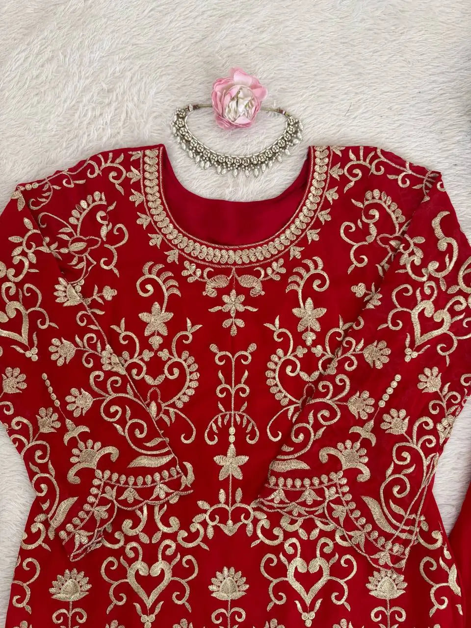Embroidered Red Georgette Sharara Suit for Festive and Wedding Occasions
