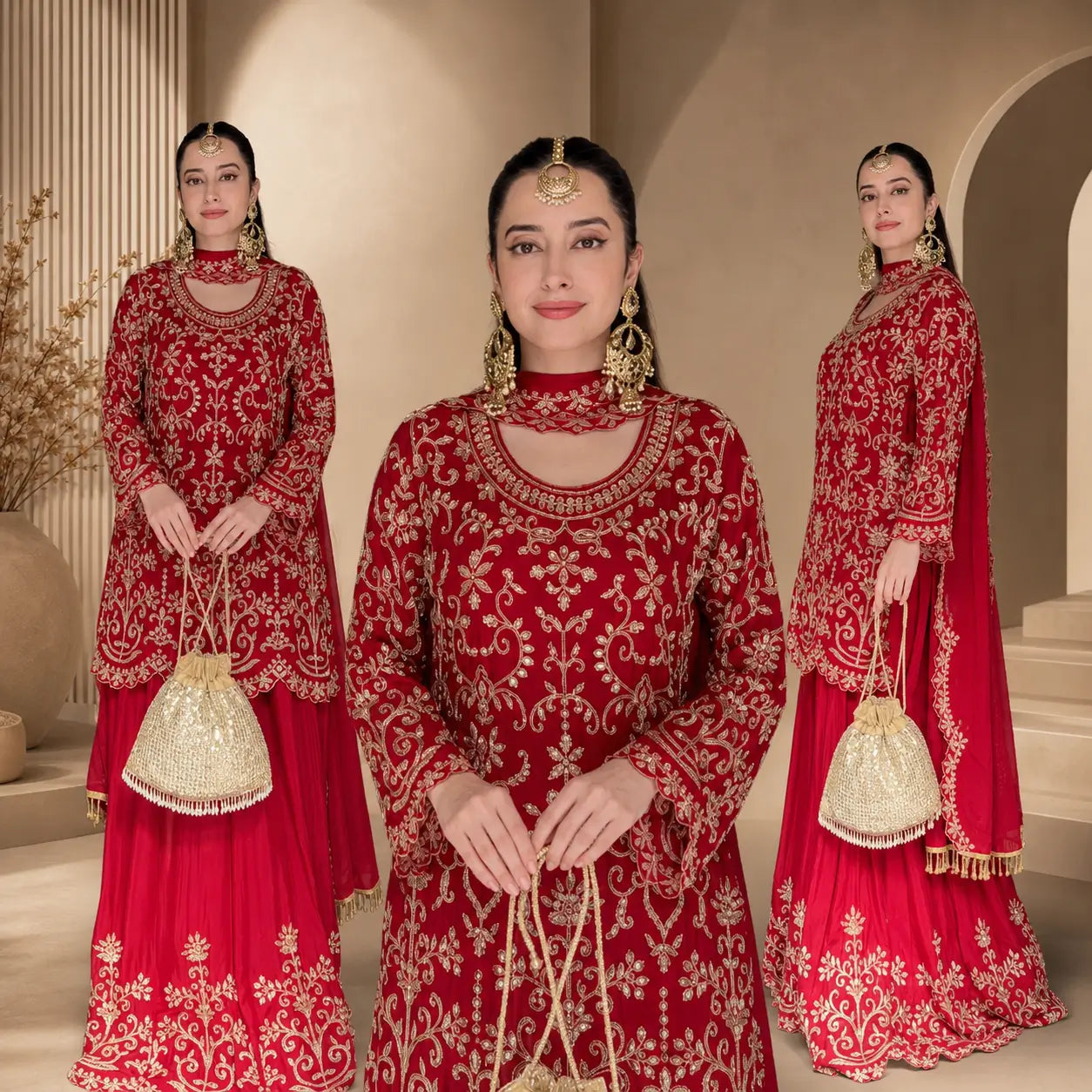 Embroidered Red Georgette Sharara Suit for Festive and Wedding Occasions