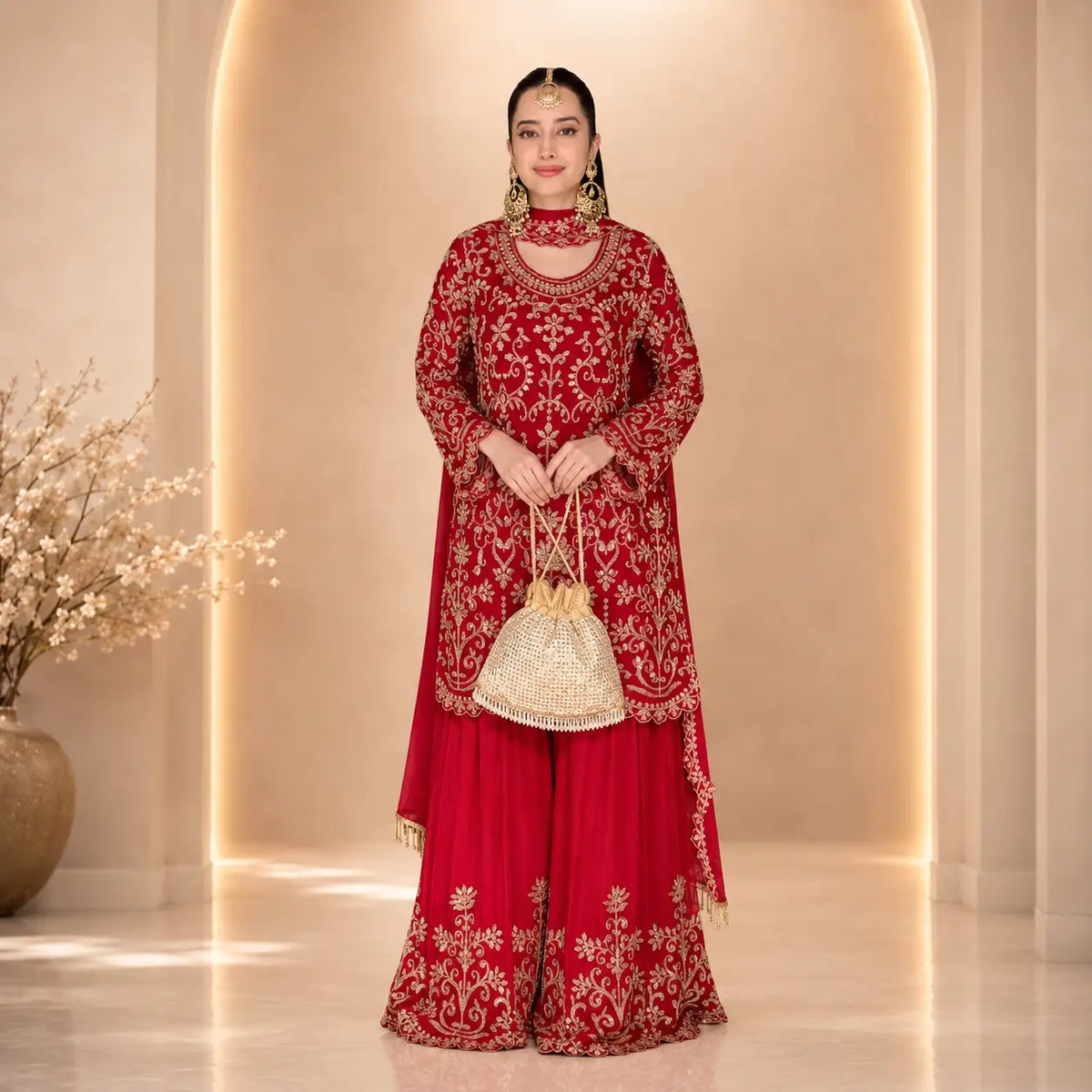 Embroidered Red Georgette Sharara Suit for Festive and Wedding Occasions