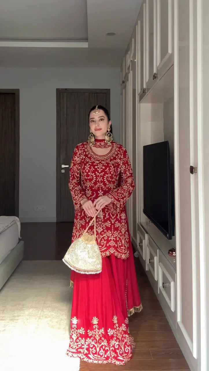 Embroidered Red Georgette Sharara Suit for Festive and Wedding Occasions