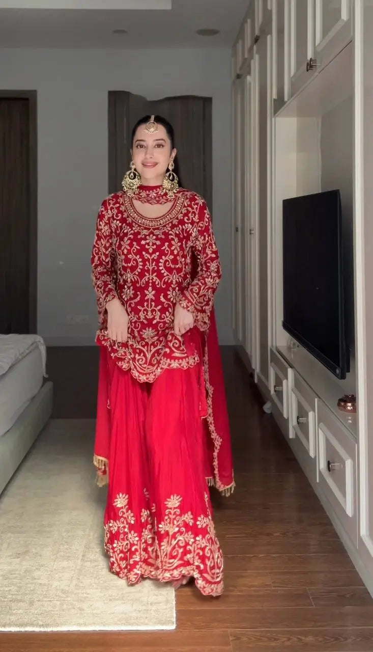 Embroidered Red Georgette Sharara Suit for Festive and Wedding Occasions