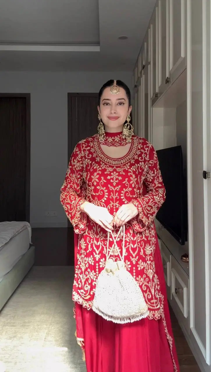 Embroidered Red Georgette Sharara Suit for Festive and Wedding Occasions