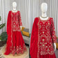 Embroidered Red Georgette Sharara Suit for Festive and Wedding Occasions