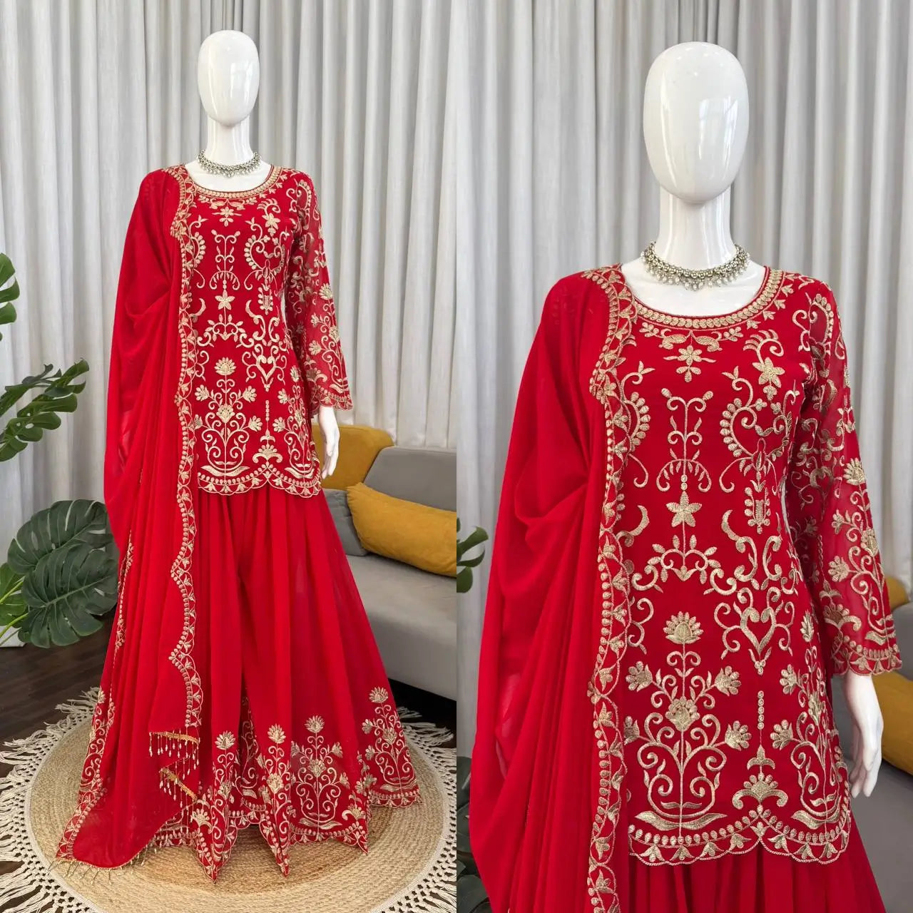 Embroidered Red Georgette Sharara Suit for Festive and Wedding Occasions