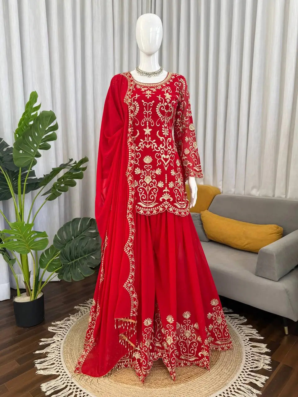 Embroidered Red Georgette Sharara Suit for Festive and Wedding Occasions