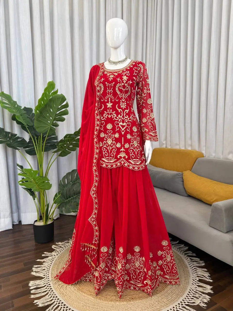 Embroidered Red Georgette Sharara Suit for Festive and Wedding Occasions