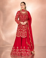 Embroidered Red Georgette Sharara Suit for Festive and Wedding Occasions