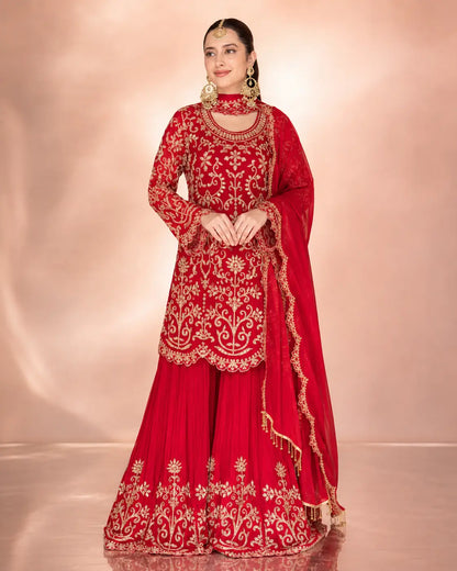 Embroidered Red Georgette Sharara Suit for Festive and Wedding Occasions