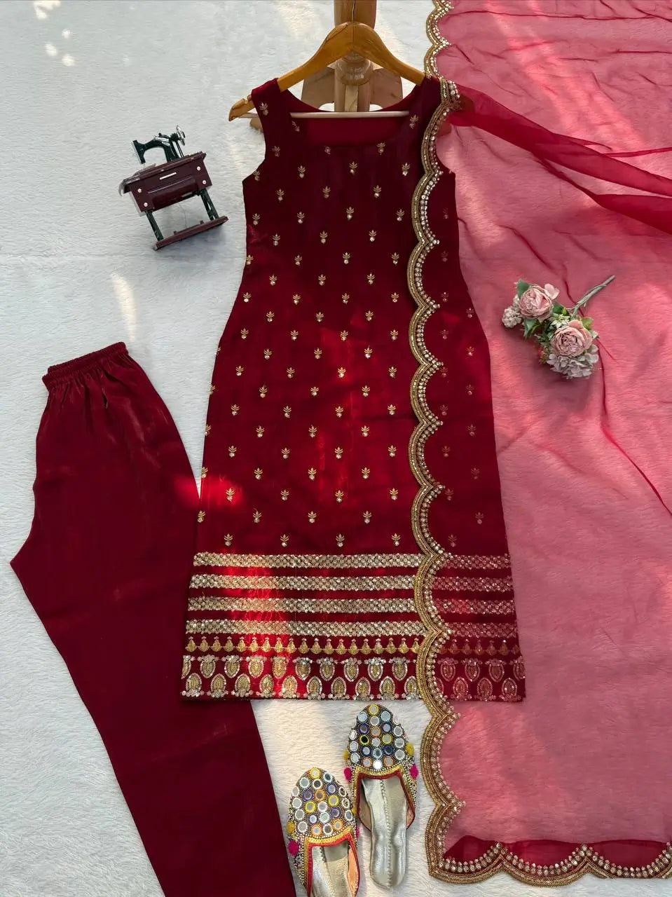 Embroidered Roman Glass Kurta Pant Set with Organza Dupatta for Festive Wear