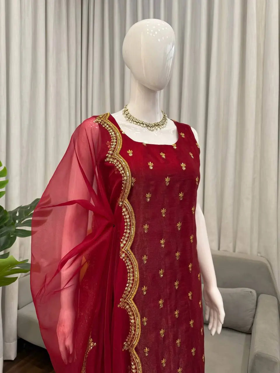 Embroidered Roman Glass Kurta Pant Set with Organza Dupatta for Festive Wear