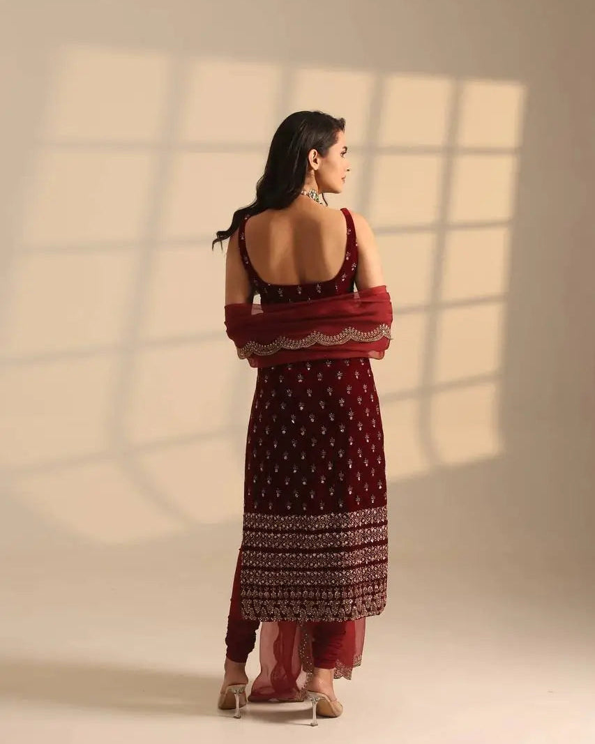 Embroidered Roman Glass Kurta Pant Set with Organza Dupatta for Festive Wear