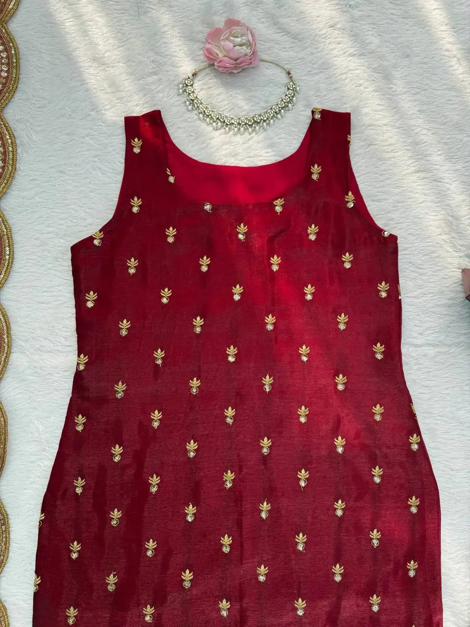Embroidered Roman Glass Kurta Pant Set with Organza Dupatta for Festive Wear