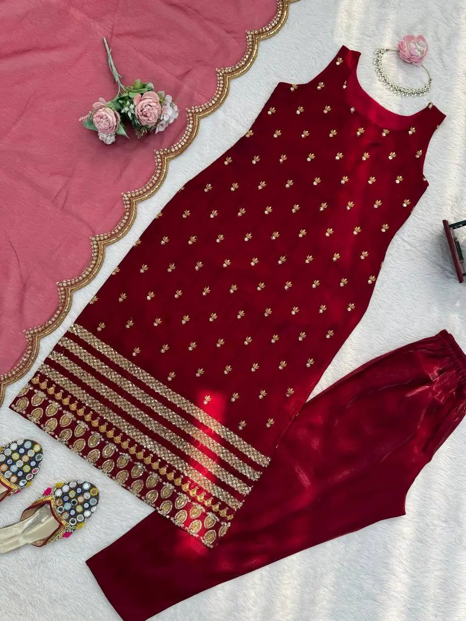 Embroidered Roman Glass Kurta Pant Set with Organza Dupatta for Festive Wear