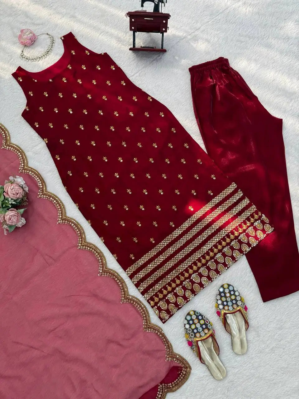 Embroidered Roman Glass Kurta Pant Set with Organza Dupatta for Festive Wear