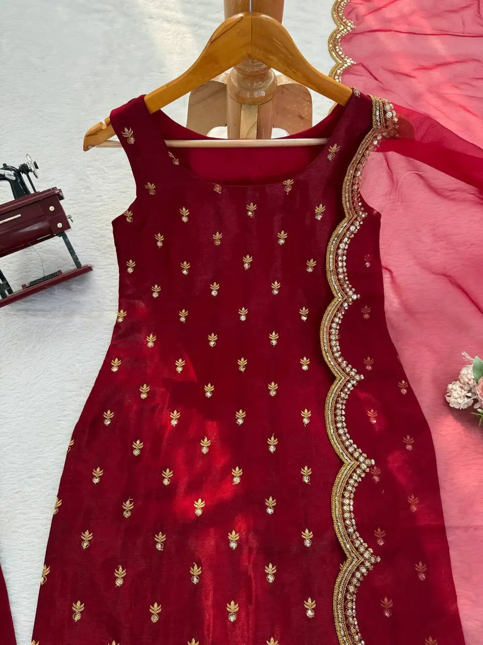 Embroidered Roman Glass Kurta Pant Set with Organza Dupatta for Festive Wear