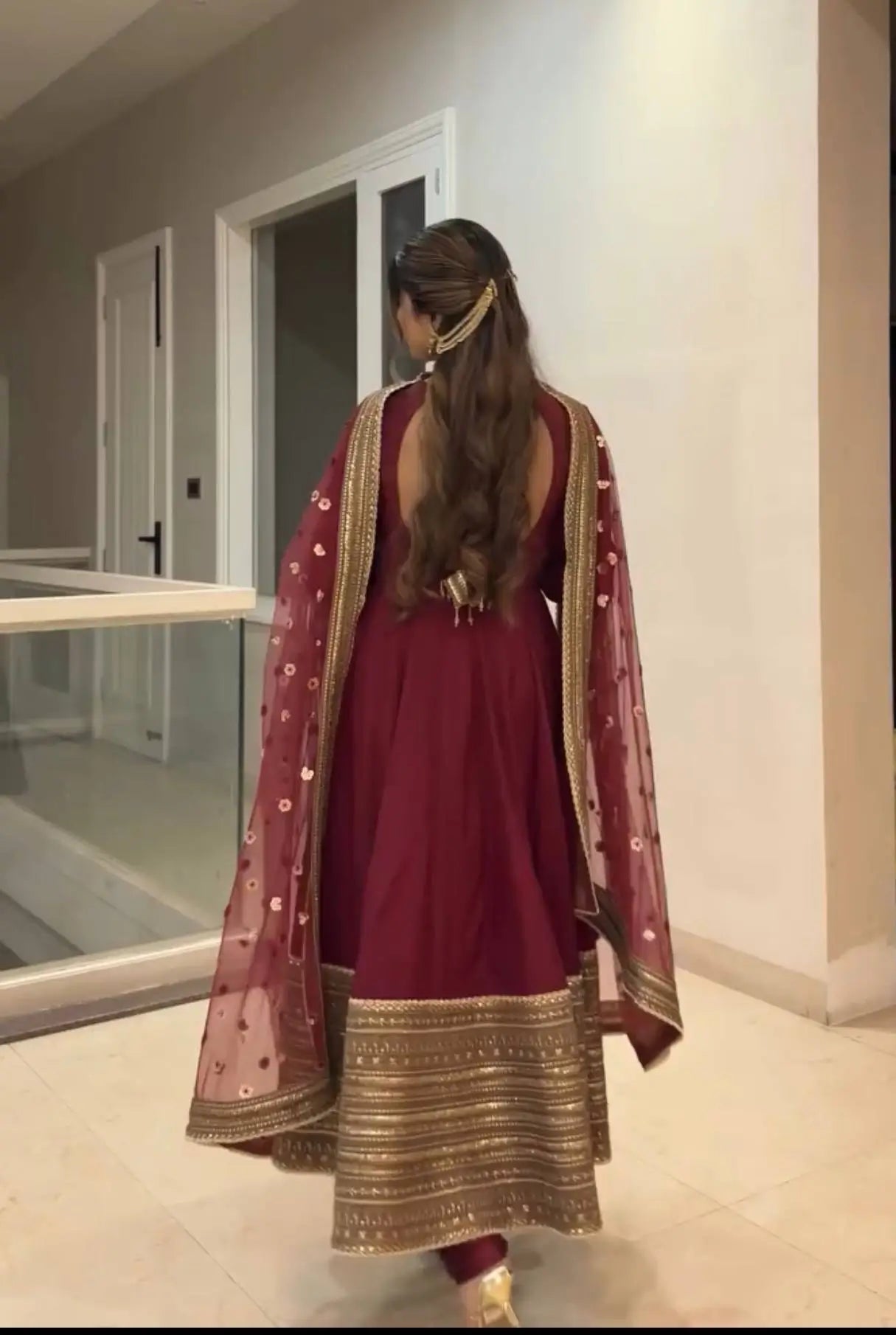 Embroidered Roman Silk Anarkali Gown Set